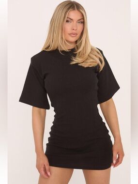 Short Boxy Sleeve Shoulder Pads Seam Detail Sweat Mini Dress In Black